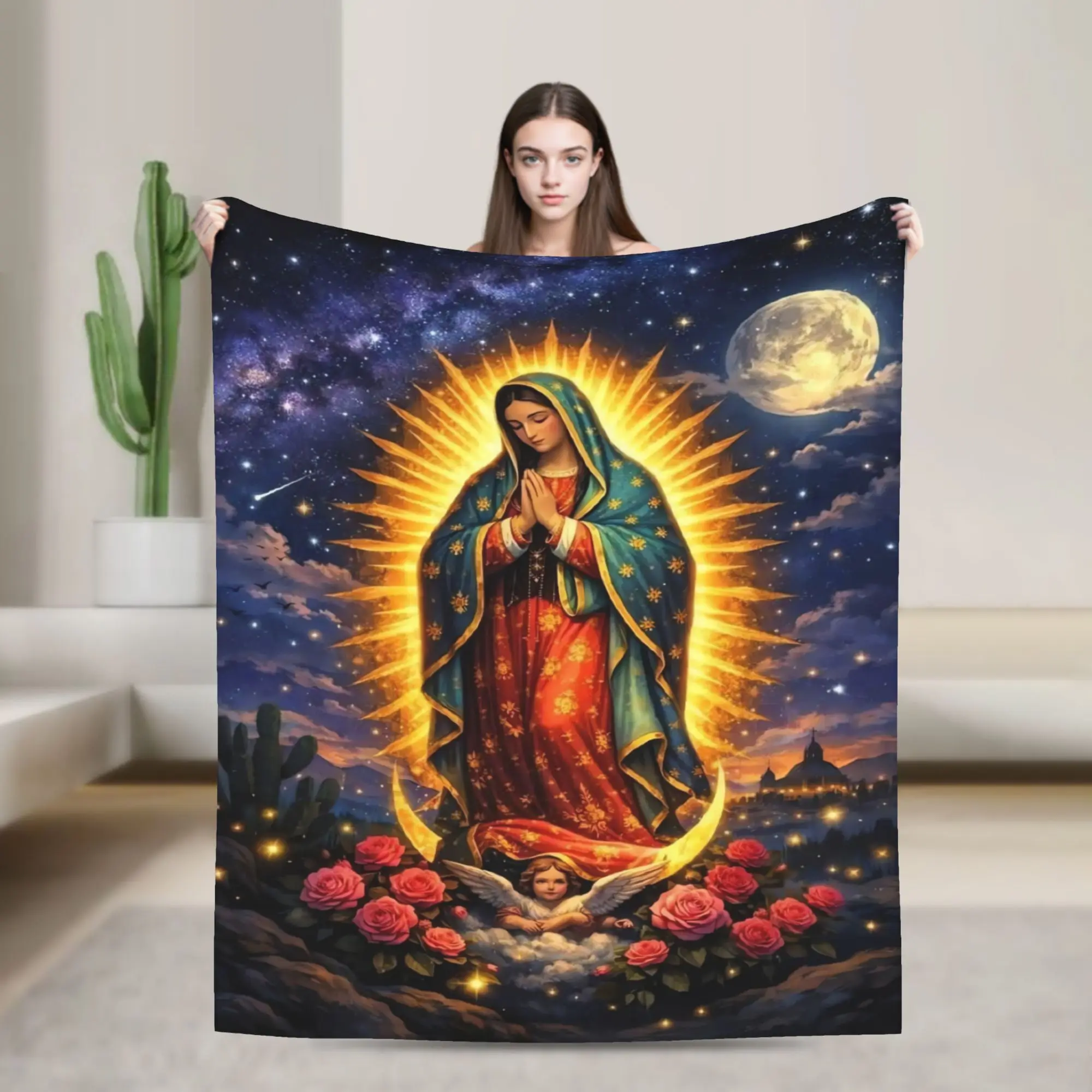 Virgin Mary Cherubs Rose Soft Blanket  Picnic Plush Throw Blanket Street Trend Couch Chair Flannel Bedspread Sofa Bed Cover