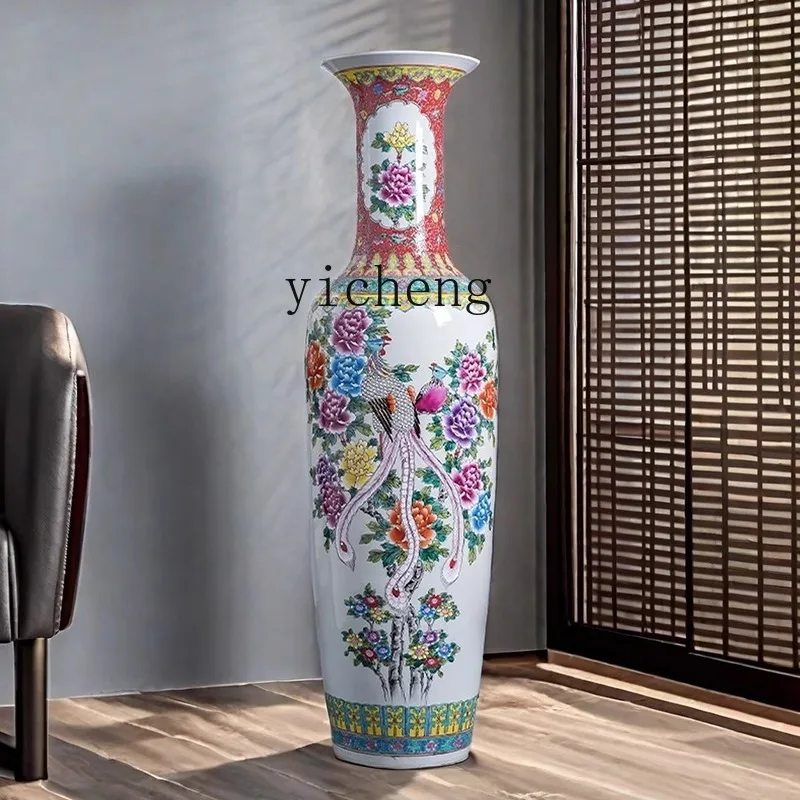 L7-8 ceramic ware hand-painted pastel peony vase ornament living room Chinese floor-to-ceiling large flower ware