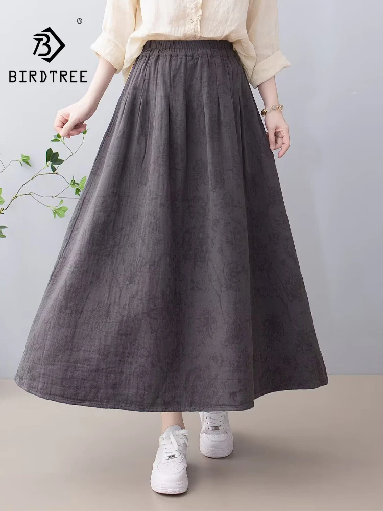 New 2026 Autumn Women Cotton Linen Skirt, Elastic Waist Printed, Mori Girl Korean Temperament Casual Loose A-line Skirt B69390CC