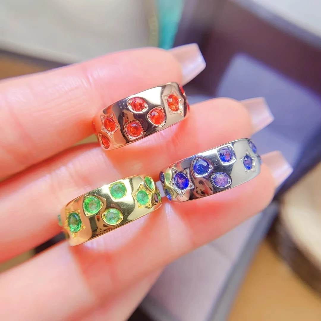 

Design Style Wide 925 Silver Ring for Daily Wear 2mm Natural Ruby Emerald Sapphire Ring with 3 Layers 18K Gold Plating