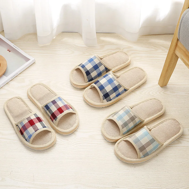 Four Seasons Square Plaid Linen Slippers for Men and Women Couples Home Indoor Floor Plank Foam Bottom Slippers