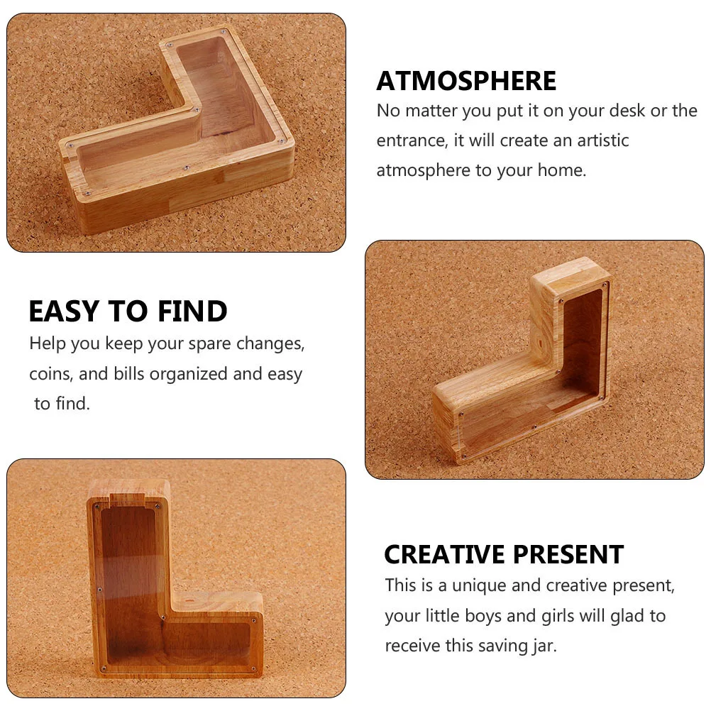 

L-Shaped Wooden Piggy Bank For Money Saving Box Desktop Coin Container Wood Storage Jar Gift Wood Saving Box Desktop
