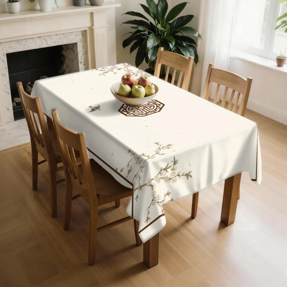 VIKAMA Mid-Century Modern White Gold Fish Geometric Tablecloth, Retro Dining Decor Cover