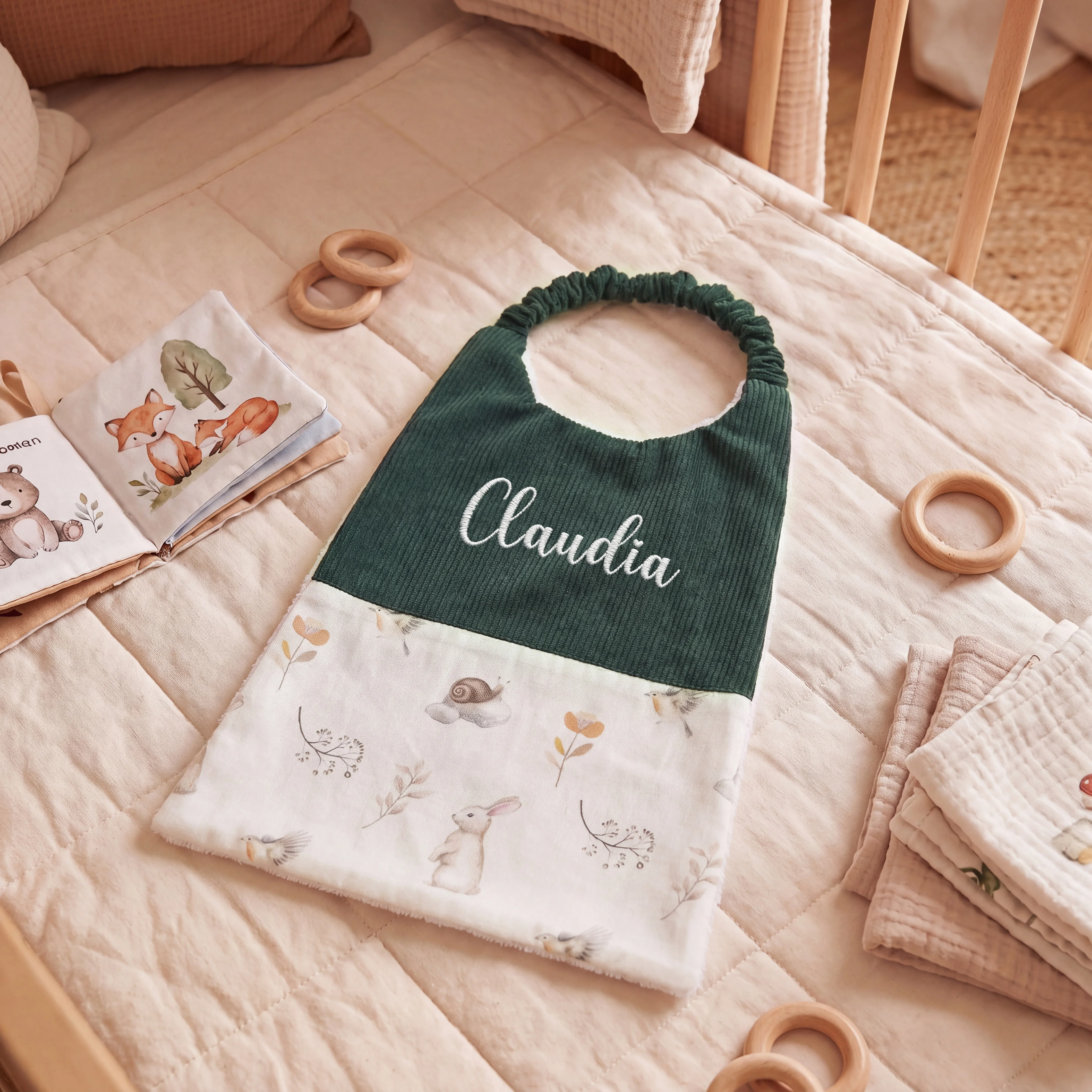 1pc Customized Embroidered Name Kids Bib Woodland Animal Fox Print Soft Ribbed Baby Saliva Bib, Newborn Feeding Apron Gift