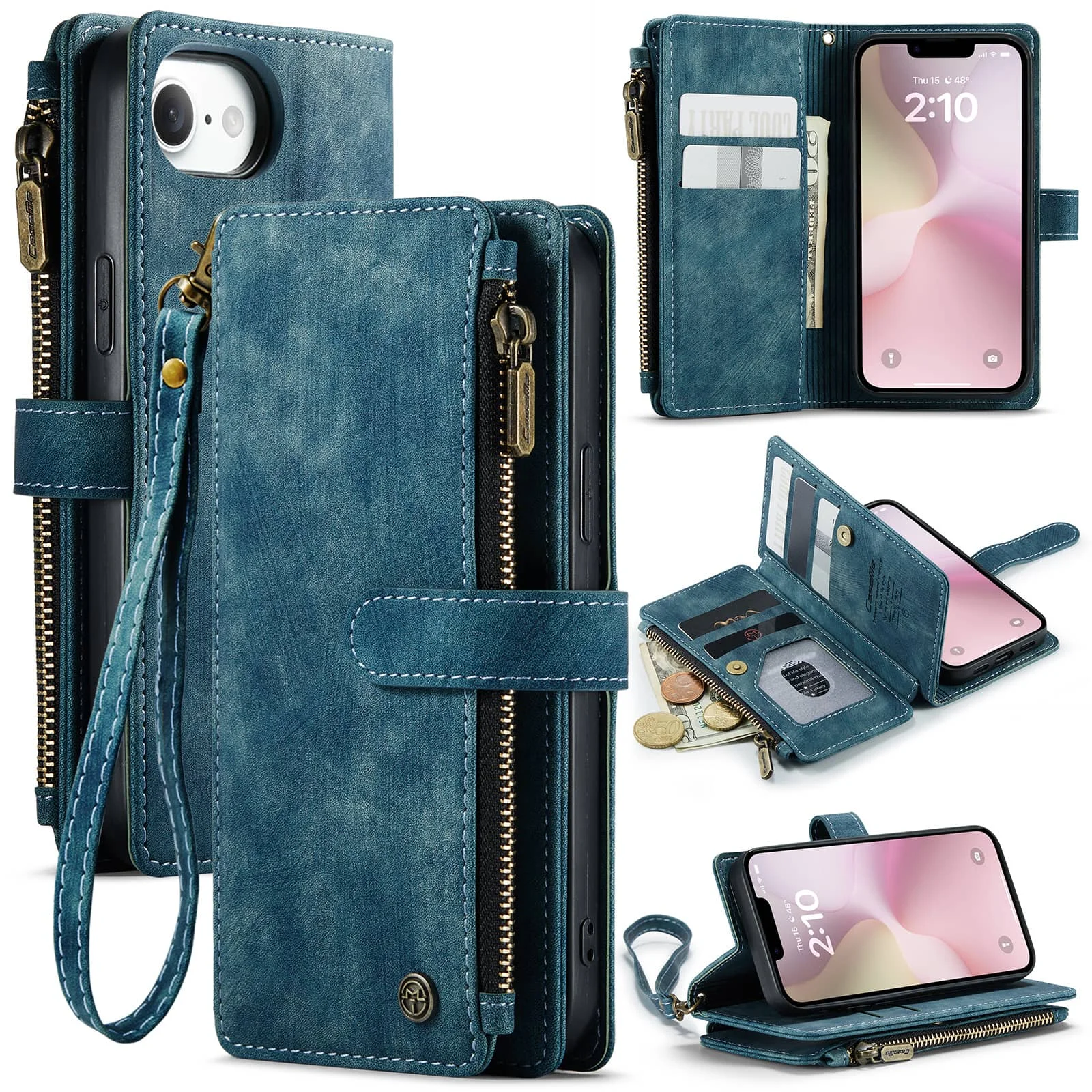 

For iPhone 17e PU Leather Wallet Case Magnetic Flip Cover Zipper Card Holder Credit Card Slots Wrist Strap Kickstand Shockproof