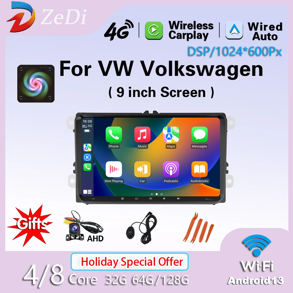 Universal Android13 9 Inch Car Stereo Head Unit CarPlay Bluetooth FM Radio GPS For VW Passat Golf MK5 MK6 Jetta T5 EOS POLO 2Din