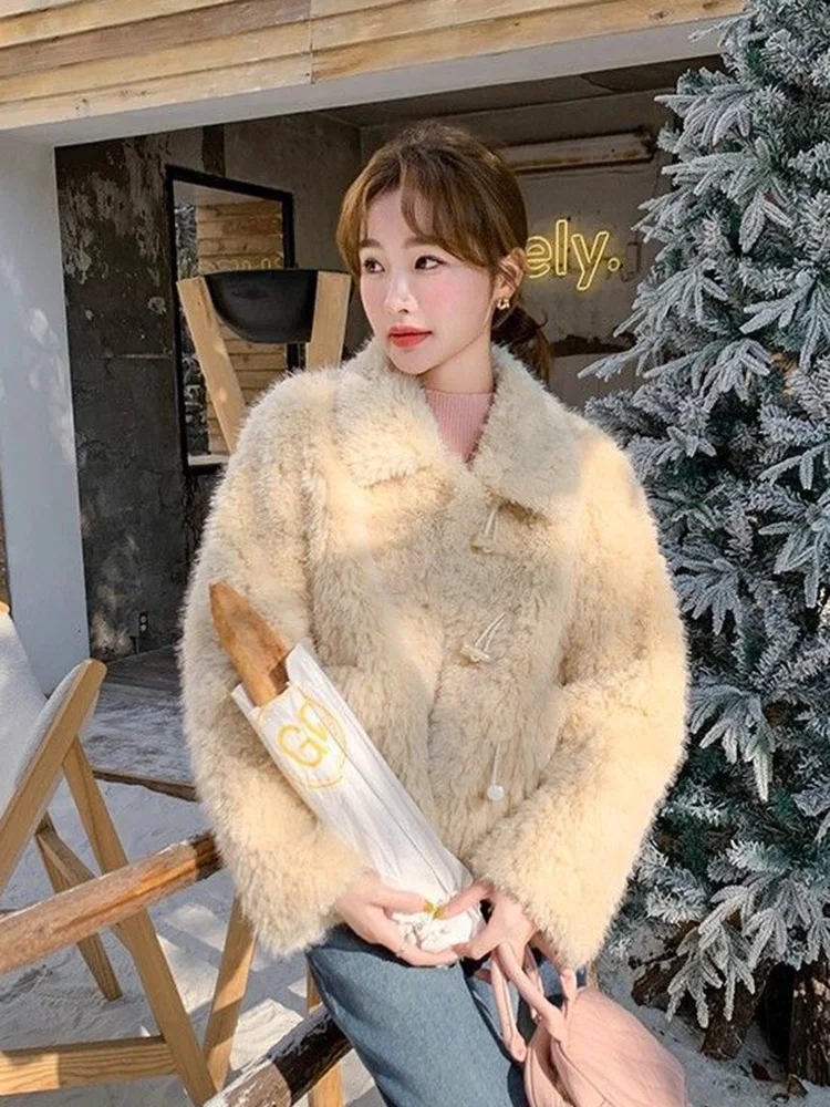 Faux Lamb Cute Sweet Coat Women Winter Long Sleeve Pocket Warm Jacket Korean Fashion Elegant Single Breasted Casual Outwear Tops