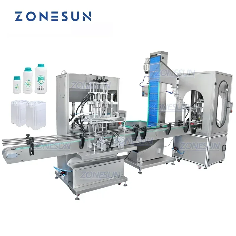 ZONESUN ZS-FAL180X2 Automatic F-Style Bottle Filling Capping Machine, Servo Motor Honey Paste Liquid Filler with Cap Feeder