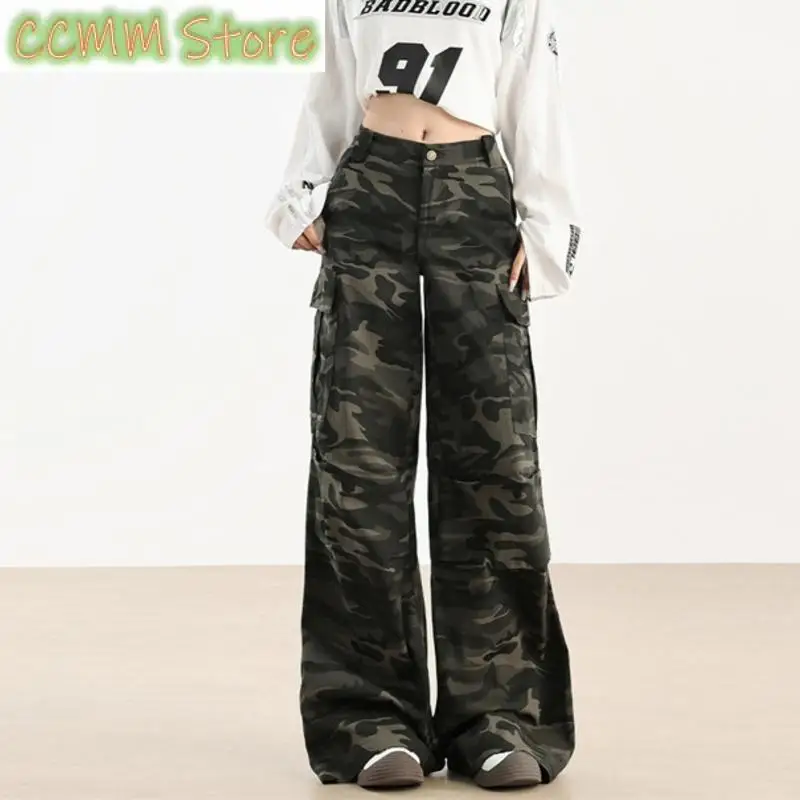 

Camouflage Jeans Women Side Pockets Loose Straight Wide Leg Jeans Lengthen Streetwear Hip Hop Cargo Jeans High Waisted