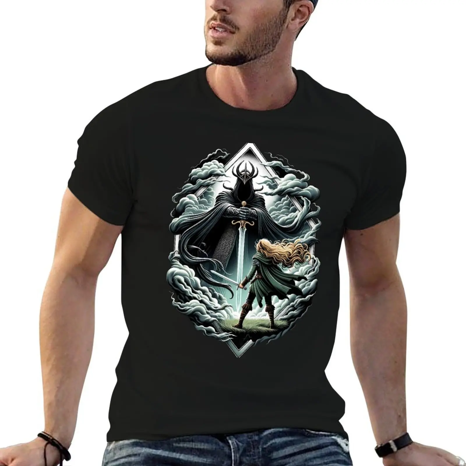 Epic Duel - A Fierce Maiden and a Dark Wraith - Fantasy T-Shirt summer 2026 korean fashion mens workout shirts