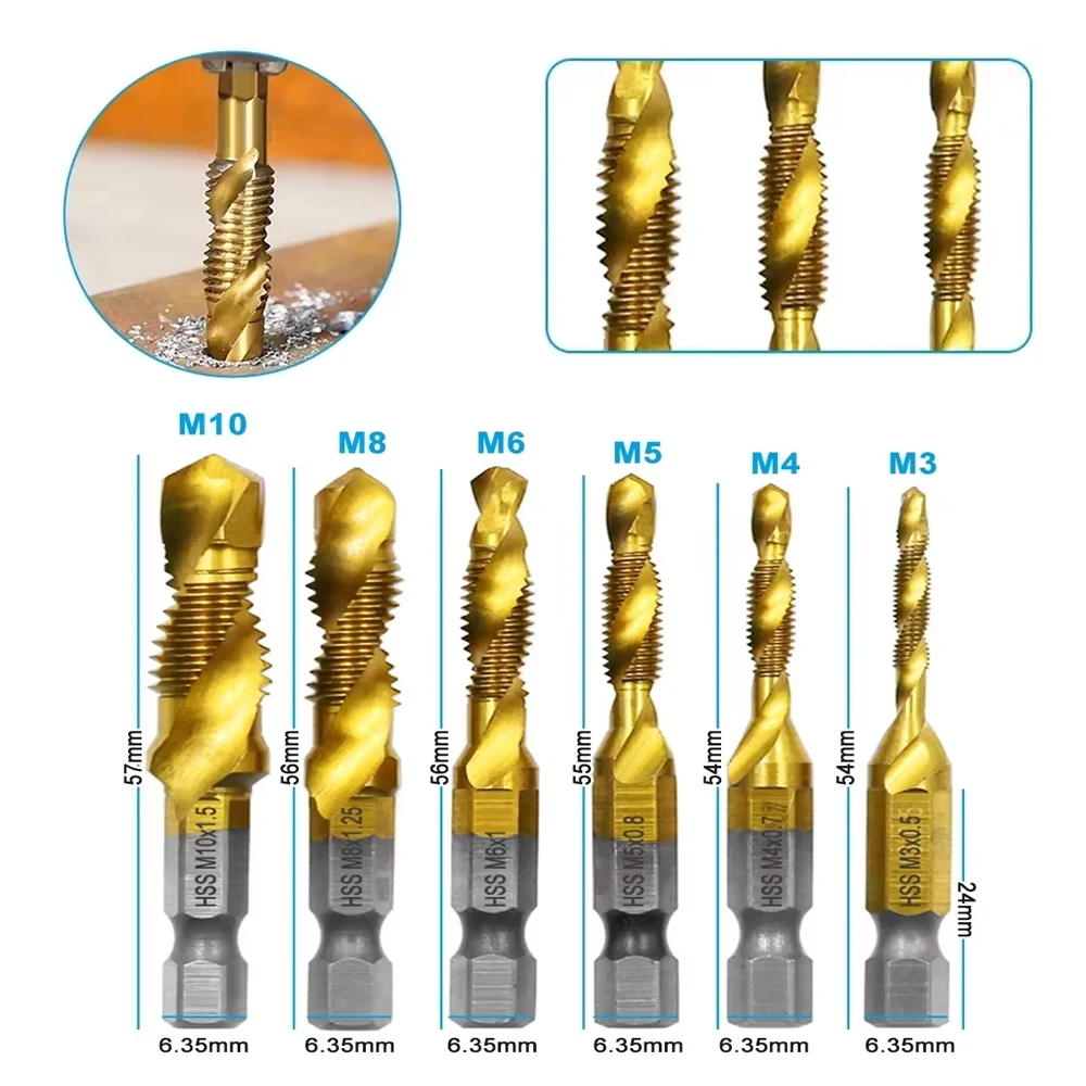6Pcs Hex Shank Titanium Plated HSS Screw Thread Metric Tap Drill Bits Screw Machine Compound Tap M3 M4 M5 M6 M8 M10 Hand Tools