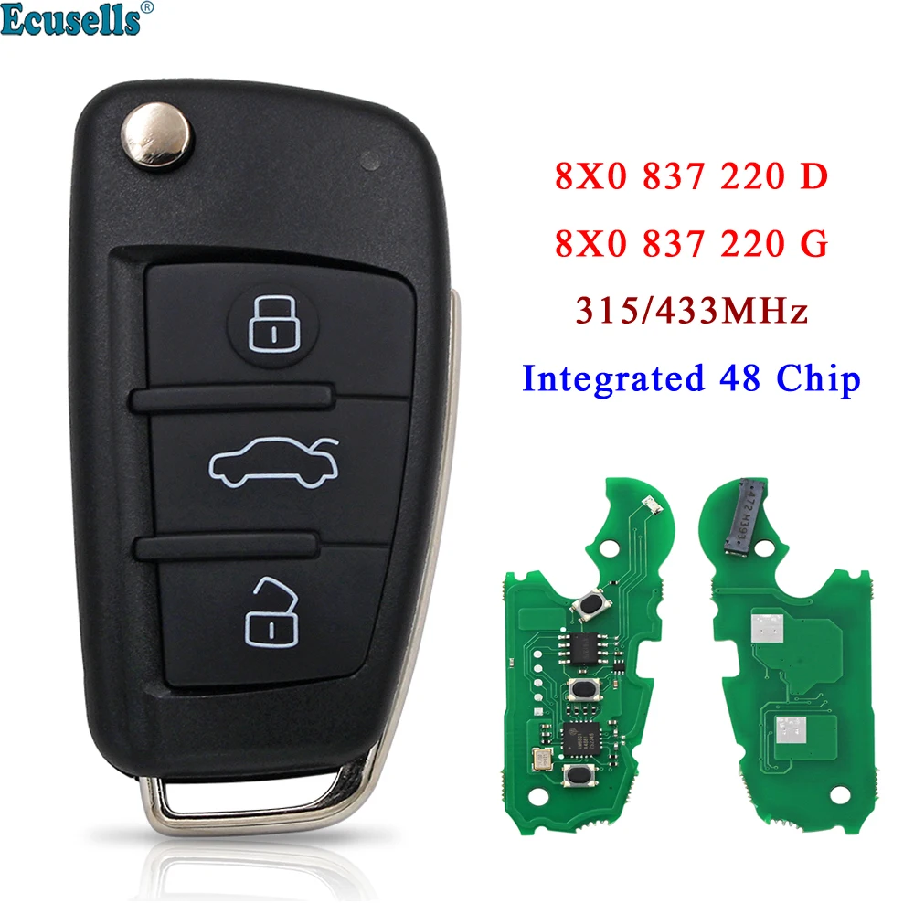 Ecusells 3 Buttons Flip Remote Key 315MHz/434MHz ASK Integrated 48 Chip for Audi Q3 A1 8X0 837 220 8X0 837 220 D 8XO837220G