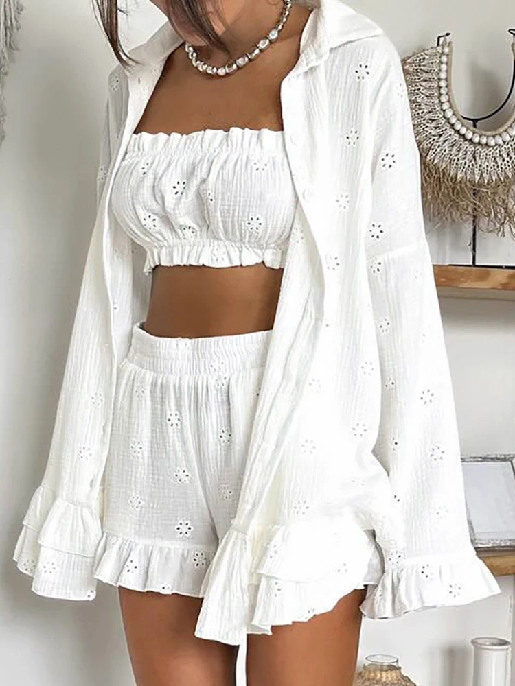 Linad Ruffle Pajamas For Women 3 Piece Sets White Long Sleeve Sleepwear Female Cotton Suits With Shorts 2024 Summer Casual