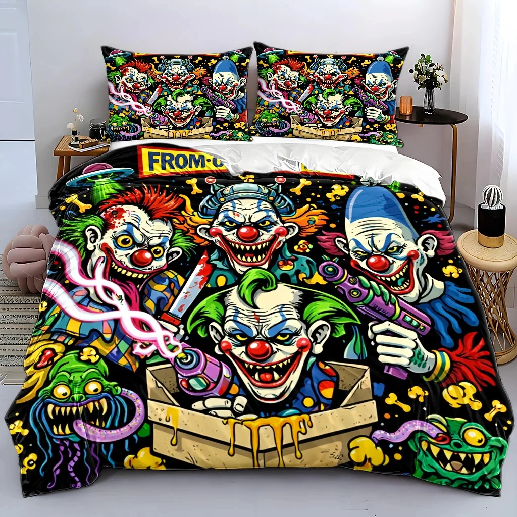 3Pc Horror Alien Clown Duvet Cover Set, Three-Piece Bedding Set (1 Duvet Cover + 2 Pillowcases), Suitable for All Seasons, Machine Washable, Invisible Zipper Design, Large Double Bed Cover Set, Suitable for Home, Dormitory, Master Bedroom, Guest Room, Personalized Trendy Graffiti Style Bedding, European and American Style Quirky Alien Creature Print Duvet Cover, Cross-Border Popular Creative Bedding Set, Three-Piece Set