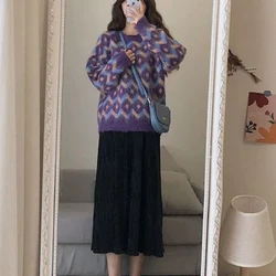 Sweet Fashion Autumn Winter New Sweaters Women O-Neck Contrast Color Vintage All-match Long Sleeve Loose Pullovers Knitted Tops