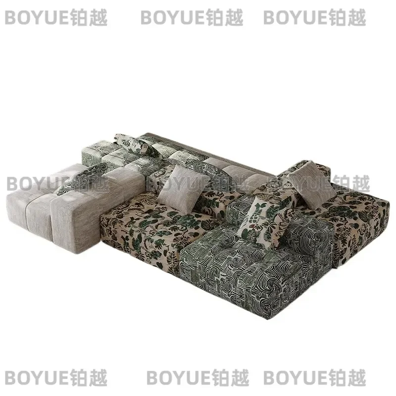 French Retro Pixel Modular Sofa Tofu Block Fabric Couch Large Living Room Furniture Vintage Style Sectional Seating for Home