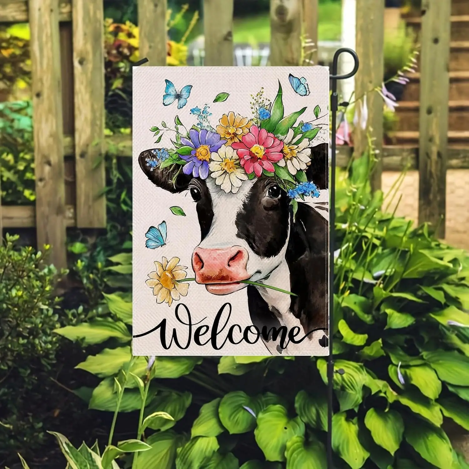 Spring Welcome Cow Garden Flag 12 x 18 inch Double Sided Outside decorations,Funny Cute Animal Flower Butterfly Small Garden Fla