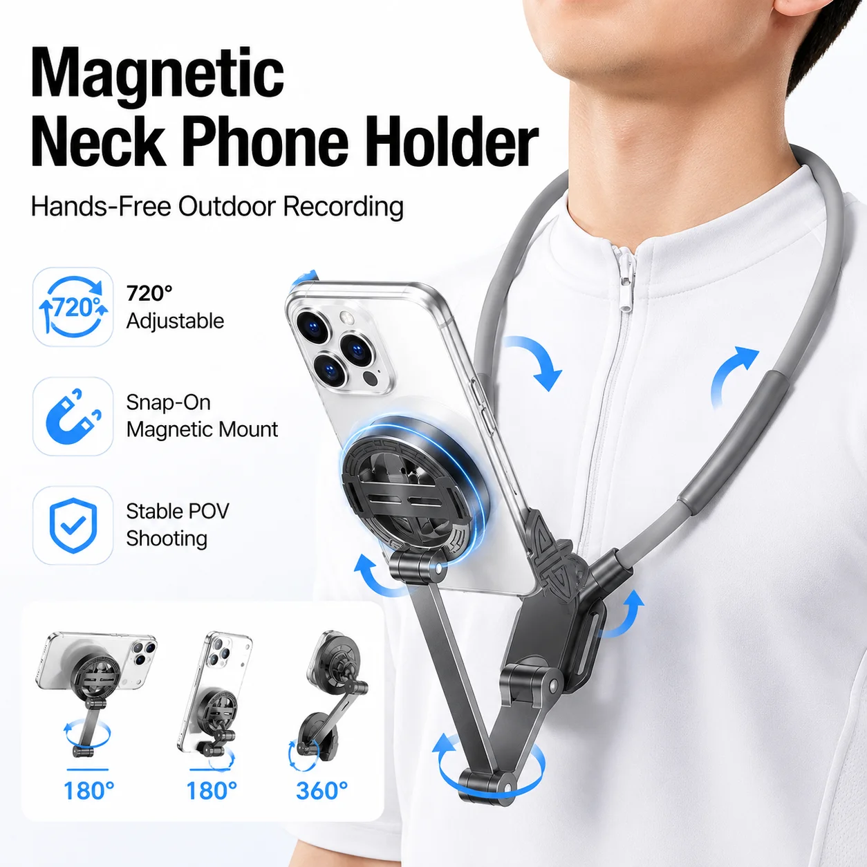 

Magnetic Neck Phone Holder POV Mount, 720° Rotating First Person View Phone Stand, Hands-Free Anti-Shake Vlog Shooting Bracket f