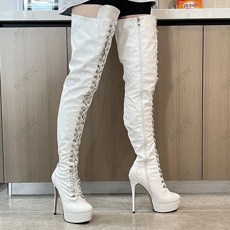 Rontic Handmade Women Winter Over The Knee Boots Stiletto Heels Round Toe Black Party Shoes Ladies US Plus Size 5-20