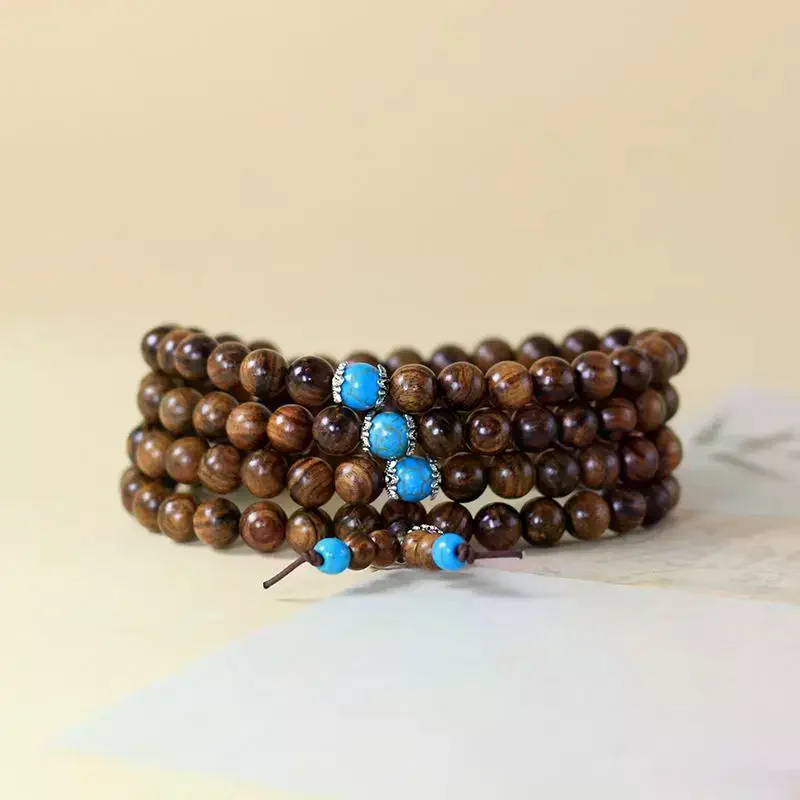 Wood 108 Mala Rosary Bracelet Turquoise 8mm Prayer Beads Bracelet