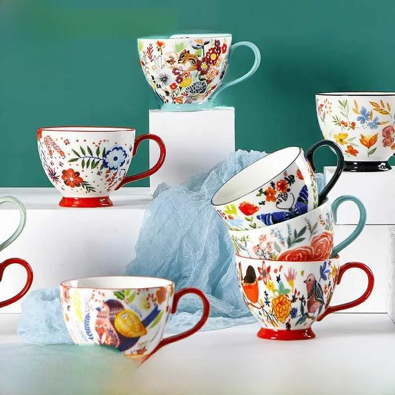 Taza de Cerámica Pintada a Mano Estilo Americano, Taza Creativa con Color Subesmaltado, Taza de Gran Capacidad para Agua, Leche, Cereal y Desayuno