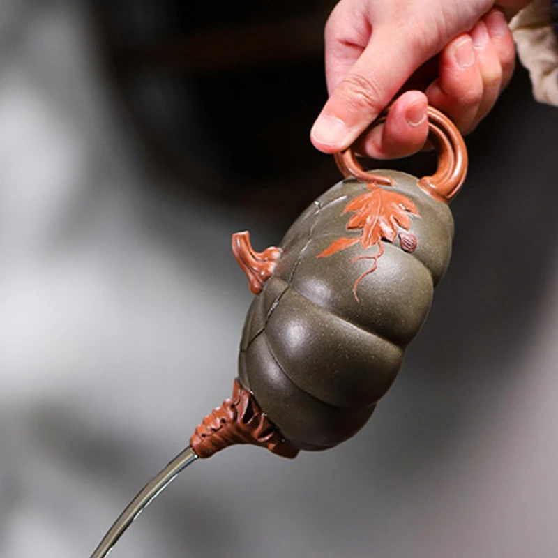 Chinese Style Pumpkin Shaped Teapot, Purple Clay Raw Ore Green Mud, Kung Fu Household, Pure Handmade, 310ML, Tea Pots, 1Pc