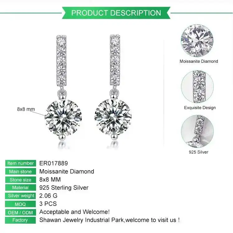 Sterling Silver Round Brilliant Cut Moissanite Drop Earrings Pavé Bar Setting Elegant Bridal Wedding Dangle Earrings for Women