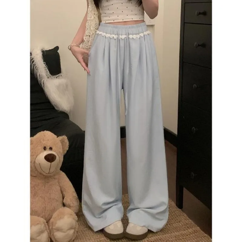 Women Lace Trim Wide Leg Pants Elastic Drawstring Waist Loose Casual Trousers Multiple Colors