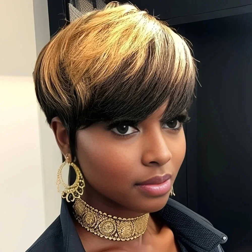 ピクシーカットウィッグ人毛機械製人毛ウィッグブラジリアンハニーブロンドウィッグ