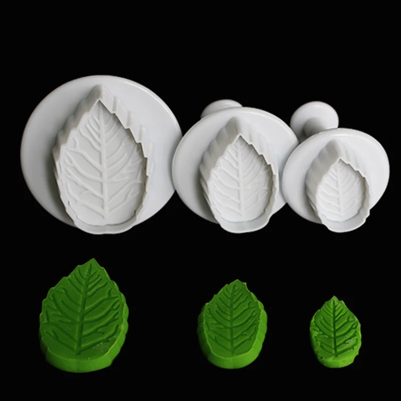 3Pcs/Lot Rose Leaf Shape Cookie Plunger Cutter Fondant Gum Paste Cupcake Toppers Mold Biscuit Mould Pastry Cake Decorating Tools