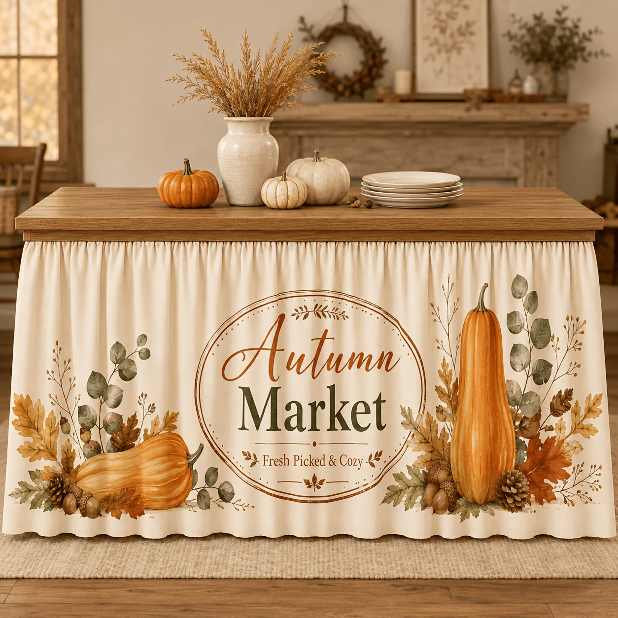 Tablecloth 1 piece. Autumn theme of farm harvest. Polyester material. Suitable for dining table and wedding reception.xzj