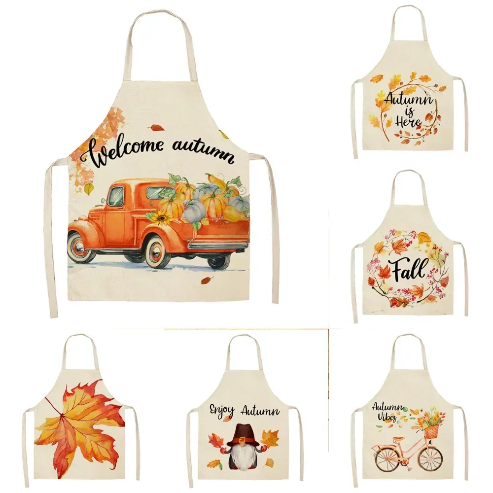 Thanksgiving Pumpkin Print Cotton Linen Apron Autumn Maple Bike Car Antifouling Sleeveless Aprons for Women Cooking Accessories