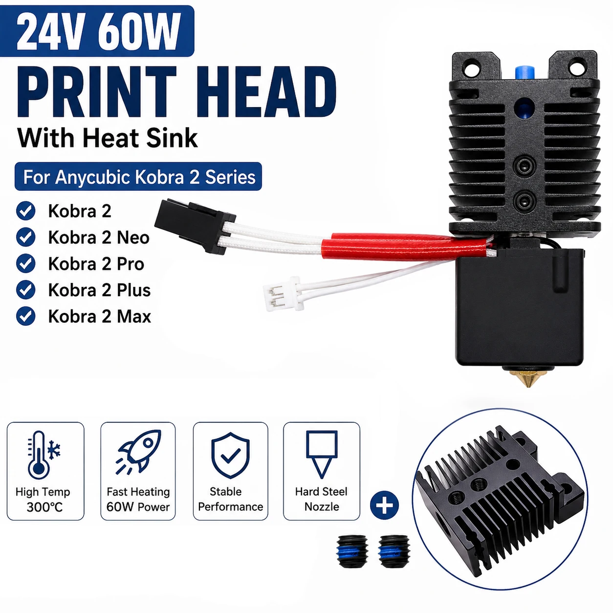 24V 60W Druckkopf für Anycubic Kobra 2 Kobra 2 Neo Kobra 2 Pro Kobra 2 Plus Kobra 2 Max 3D-Drucker Hotend-Kit Hartstahldüse – Detail 3