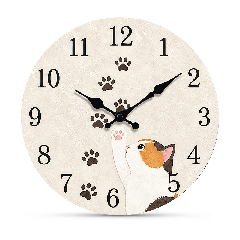 1pc, Vintage Distressed Base Color Calico Cat Raising Paw Silent Wall Clock, Round Quartz Clock with Deep and Light Two-tone