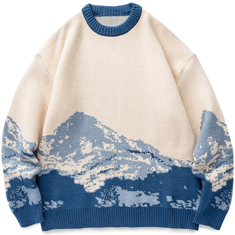 

Men Hop Streetwear Harajuku Sweater Vintage Japanese Style Snow Mountain Knitted Sweater Winter Casual Pullover Knitwear