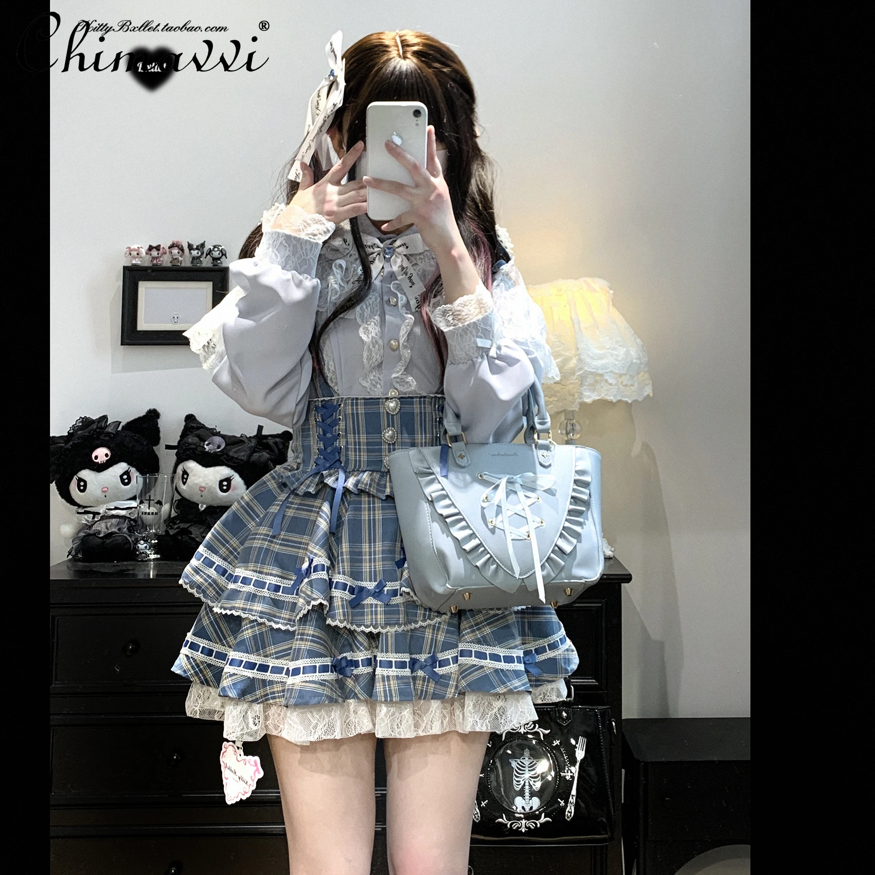 

Японская шахтная кружевная рубашка с длинными рукавами и рюшами, маленькая кружевная юбка с летящими рукавами и бантом, комплекты из 2 предметов в стиле Лолиты