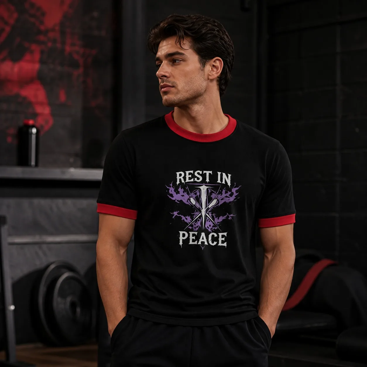 Men The Undertaker REST IN PEACE Wrestling Black Red Ringer Collar Purple Flame Cross Print Short Sleeve WWE Fan T-Shirt
