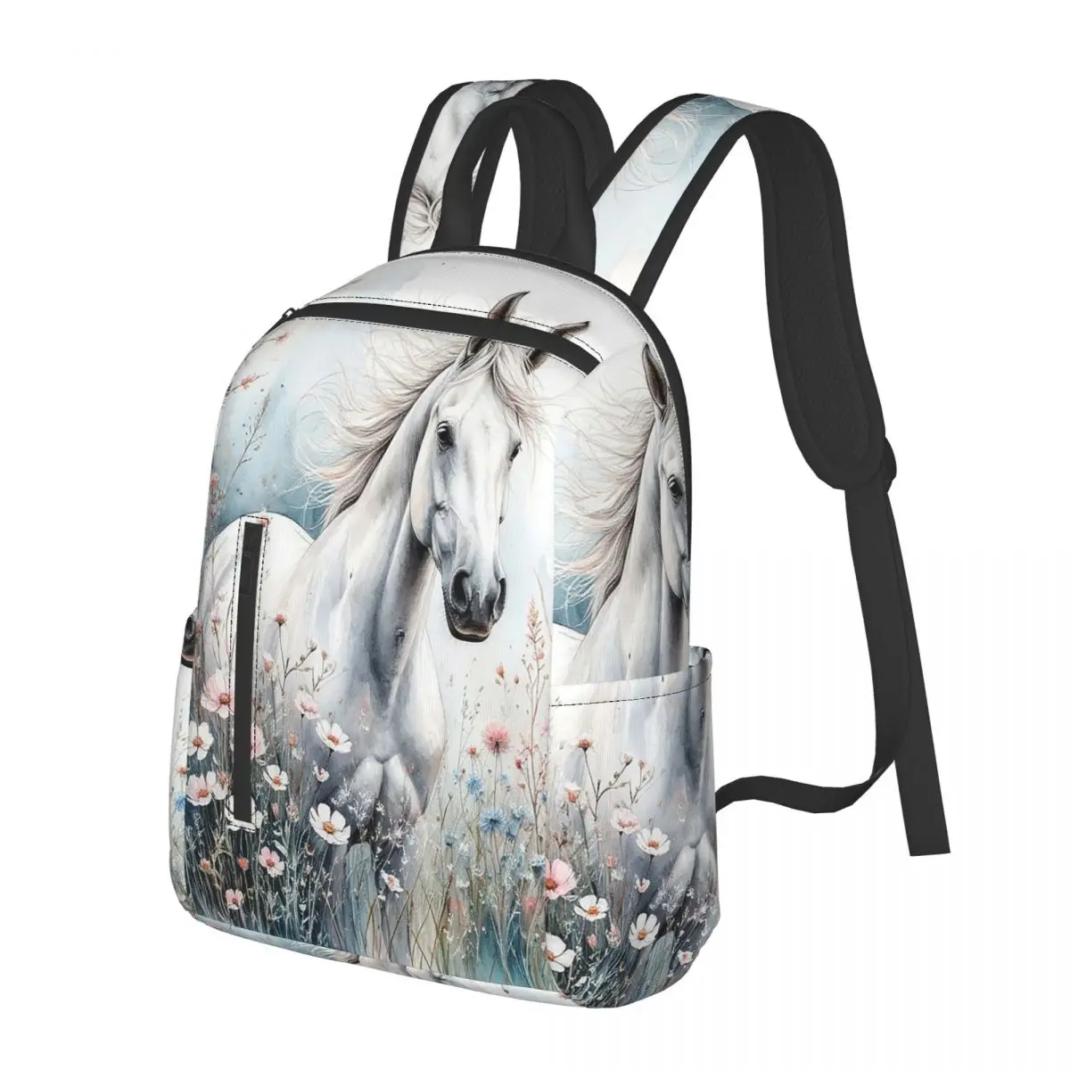 

Flowers And Black Horse Watercolor Art Student Backpack School Bag Hiking Travel Daypack for Men Women Bookbag Shoulder Bags