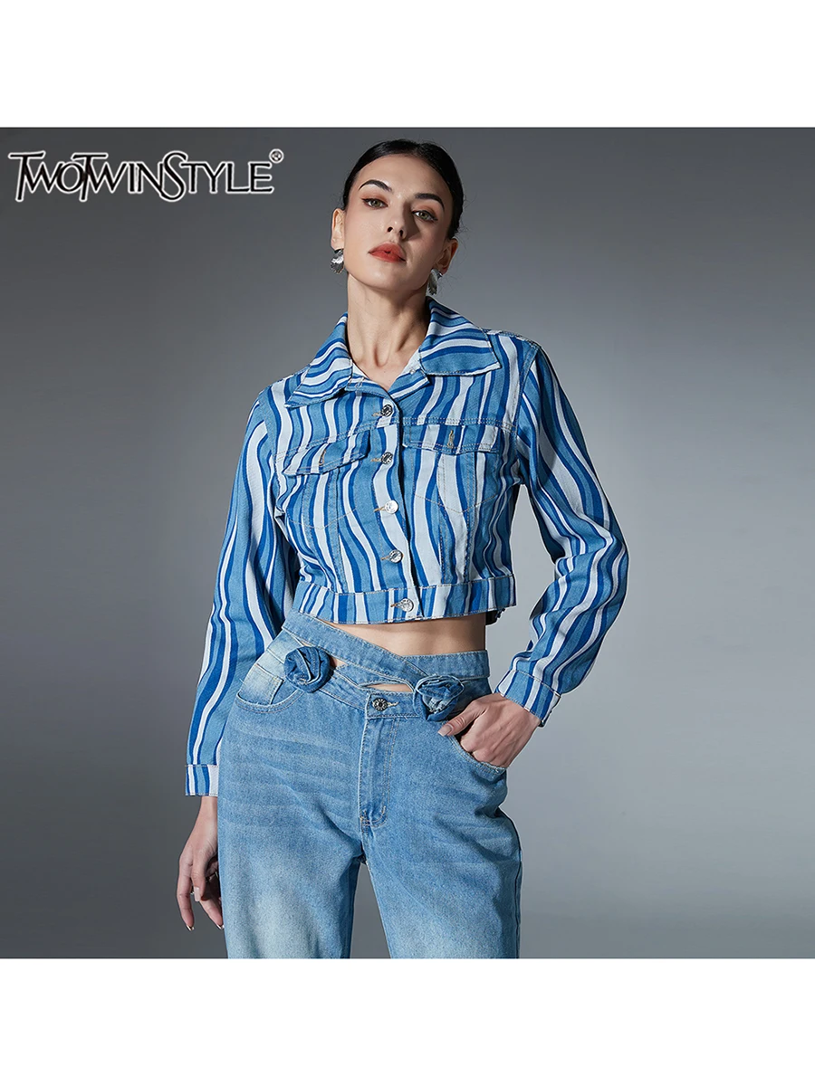 TWOTWINSTYLE Hit Color Striped Streetwear Coat For Women Lapel Long Sleeve Designer Jacket Sets Female Fashion Style Clothes New