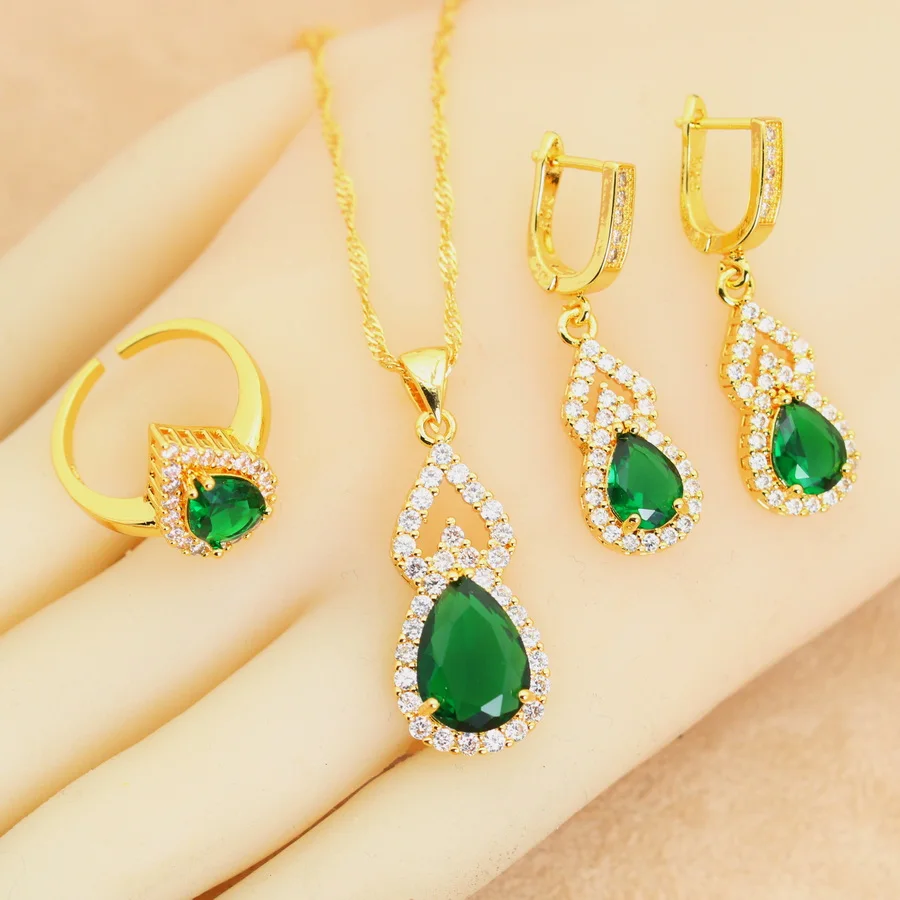 18k Gold Plated Bridal Jewelry Sets for Women Water Drop Green Crystal Earrings Necklace Pendant Open Ring Wedding Gift