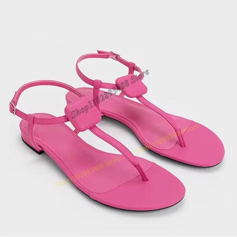 

Rose Red Beach Flip Flop Flats Solid Shallow Matte Leather Buckle Strap Women Shoes 2023 Concise Vacation Style Zapatillas Mujer