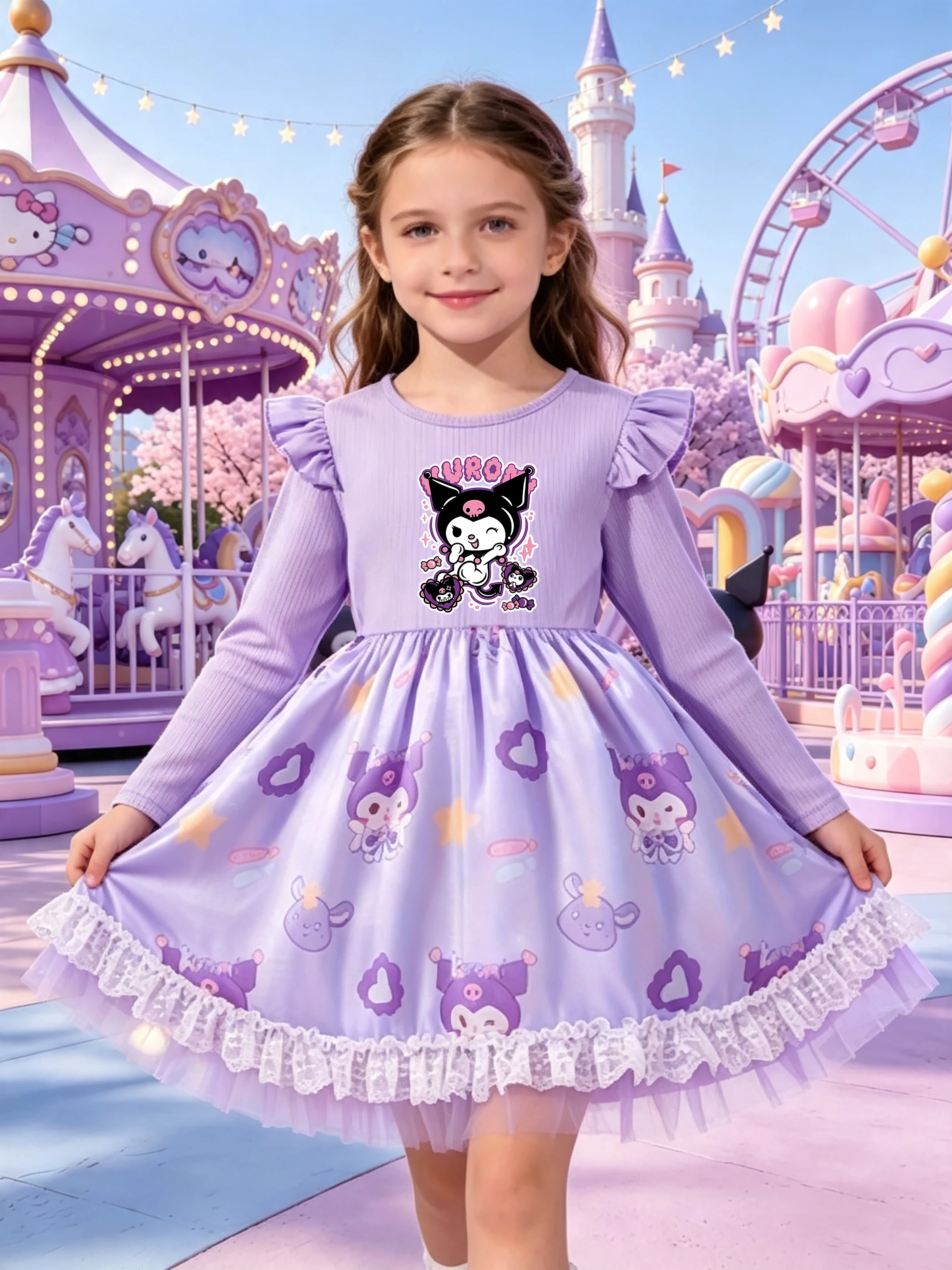 Girls' Kuromi Long Sleeve Tulle Princess Dress, Light Purple Flutter Sleeves, Cartoon Print with Lace Trim, Kids Spring and Autu
