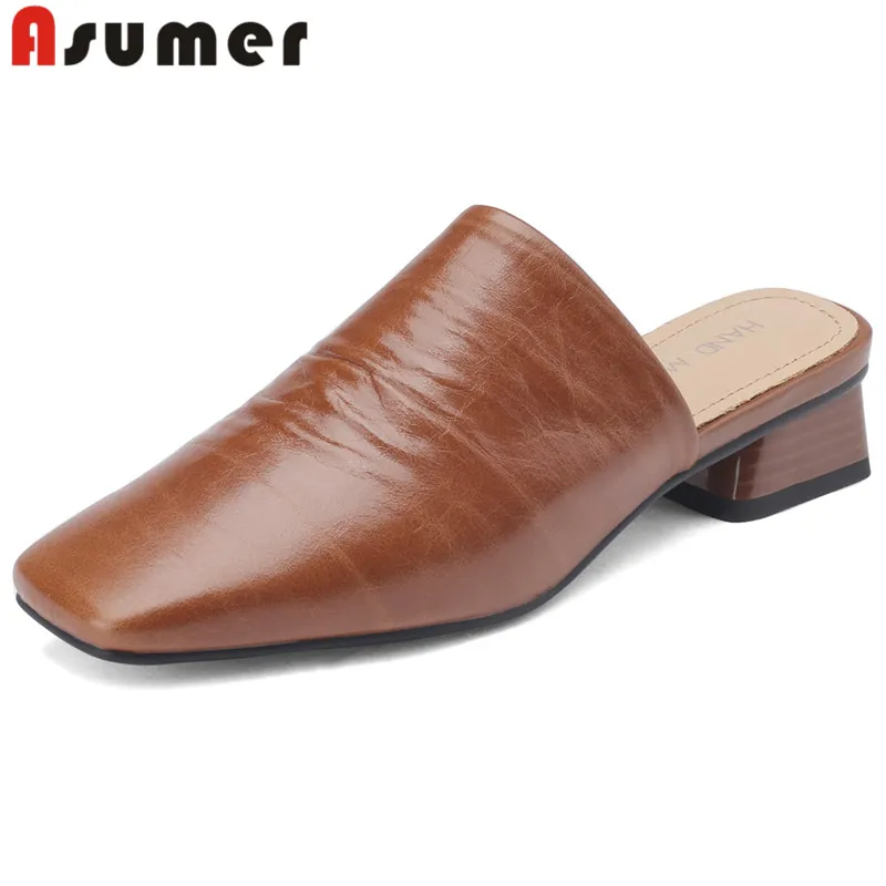 

ASUMER 2024 New Vintage Genuine Leather Summer Shoes Square Toe Ladies Mules Slippers Woman Square Low Heels Slippers