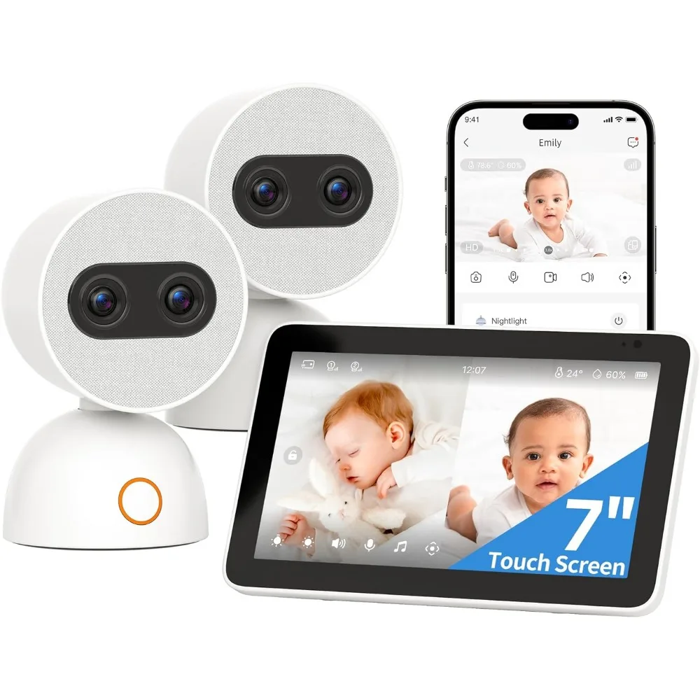 Split Screen Video Baby Monitor with 2 Cameras, 2× 4MP Resolution, 7" HD Touch Screen Smart Audio Baby Monitor, 6X Optical Qual