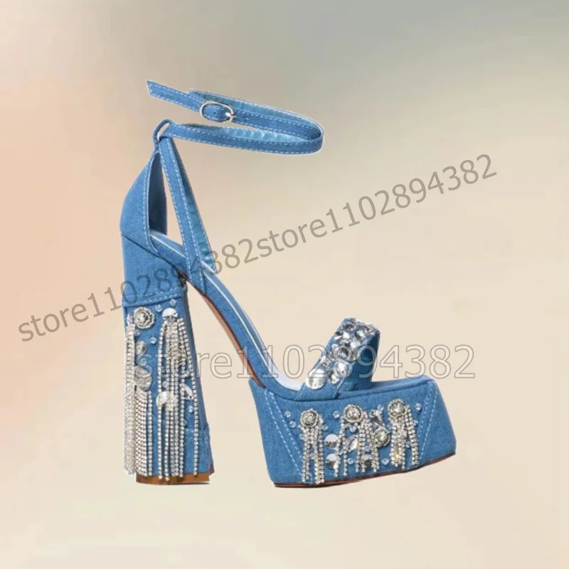 Blue Denim Crystal Tassels Open Toe Platform Sandals Ankle Buckle Strap Women Shoes Chunky High Heels 2023 Zapatos Para Mujere