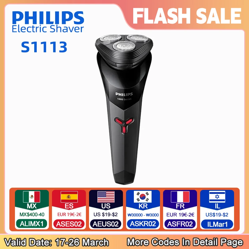 Philips New S1113 Electric Shaver Men Fast Shaving Beard Trimmer USB Charging IPX7 Ergonomic Design Triple Floating Head Razor