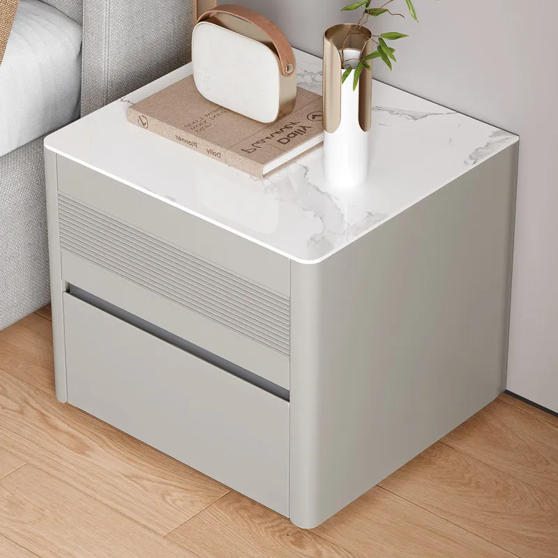 Solid wood lacquered rock slab bedside table Italian light luxury floor installation-free bedroom household environmentally