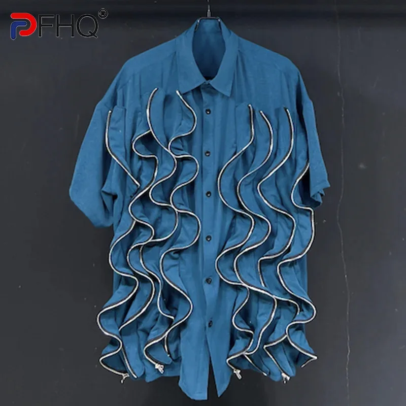 

PFHQ Multi Zipper Twisted Shirt Male Versatile Short Sleeve Tide Haute Quality Advanced Single Breasted Men's Top Summer 21Z5013