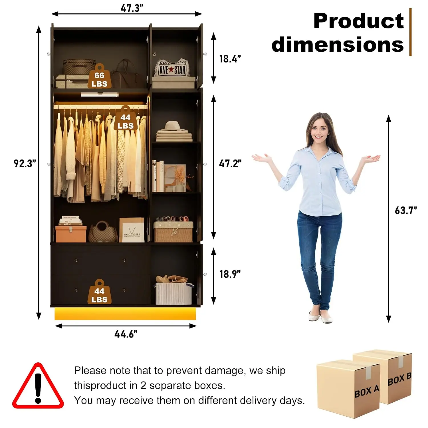 92.2" Tall Armoire Wardrobe Closet with Mirror & Motion Sensor Light, Large Storage Cabinet with 2 Drawers, Hanging Rod & Adjust