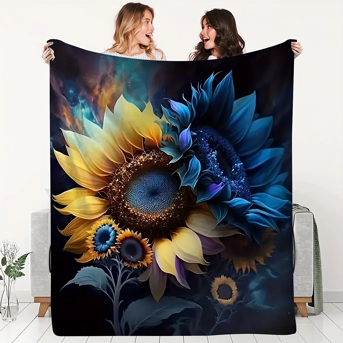 Sunflower Galaxy Printed Blanket Soft Flannel Throw Cover for Couch Bed Winter Warm Cozy Home Decor